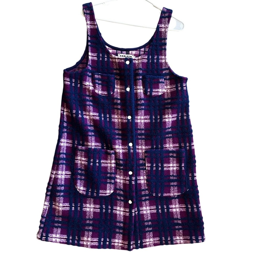 Carleen by Anthropologie Purple Plaid Button Front‎ Jumper Dress Womens Medium